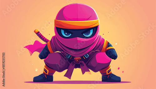 Cartoon Ninja Character Ready for Action with Sword.