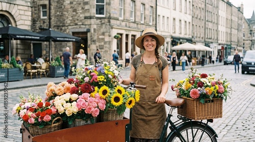 Smiling florist delivering vibrant flowers on bicycle in charming city street