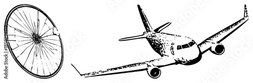 airplane and bicycle wheel vector illustration