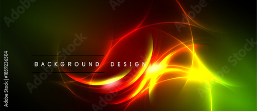 Vibrant abstract design features flowing lines, gradients. Colors transition from green to red, yellow. Dark background enhances luminosity.