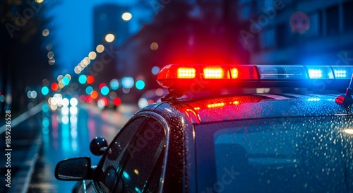Flashing Police Lights on a Wet City Street