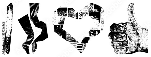Hand gestures and heart collage in black and white halftone