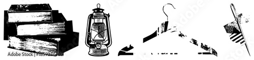 stacked books lantern hanger comb black and white vector