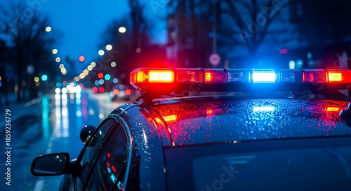 Flashing Police Lights on a Wet City Street