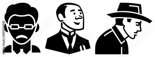Three stylized male figures in black and white vector