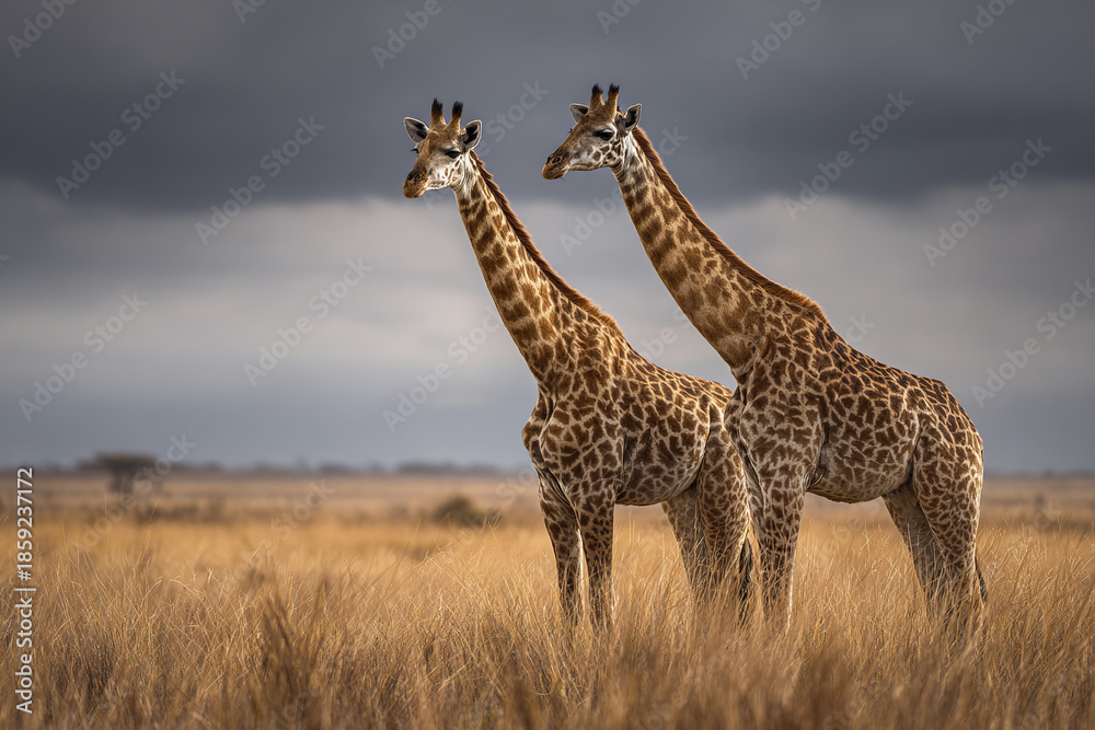 Fototapeta premium Two giraffes standing in open grassland under cloudy sky, showcasing their long necks and patterned fur in natural savanna environment with moody atmosphere