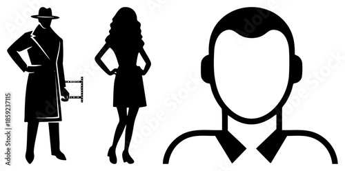 three black silhouette of person with fedora holding film strip woman in dress generic avatar