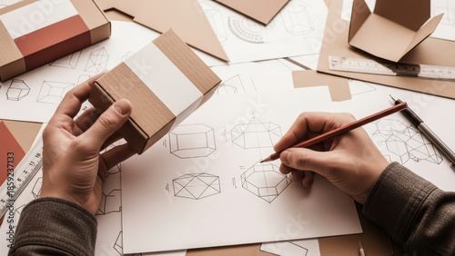 A person sketches product design concepts on paper with a pencil, surrounded by cardboard cutouts and notes.