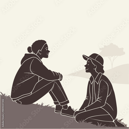 Two friends conversing outdoors