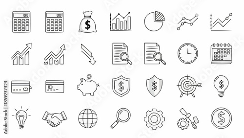 Collection of Hand Drawn Business and Finance Icons.