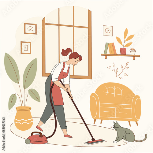 Woman vacuuming living room