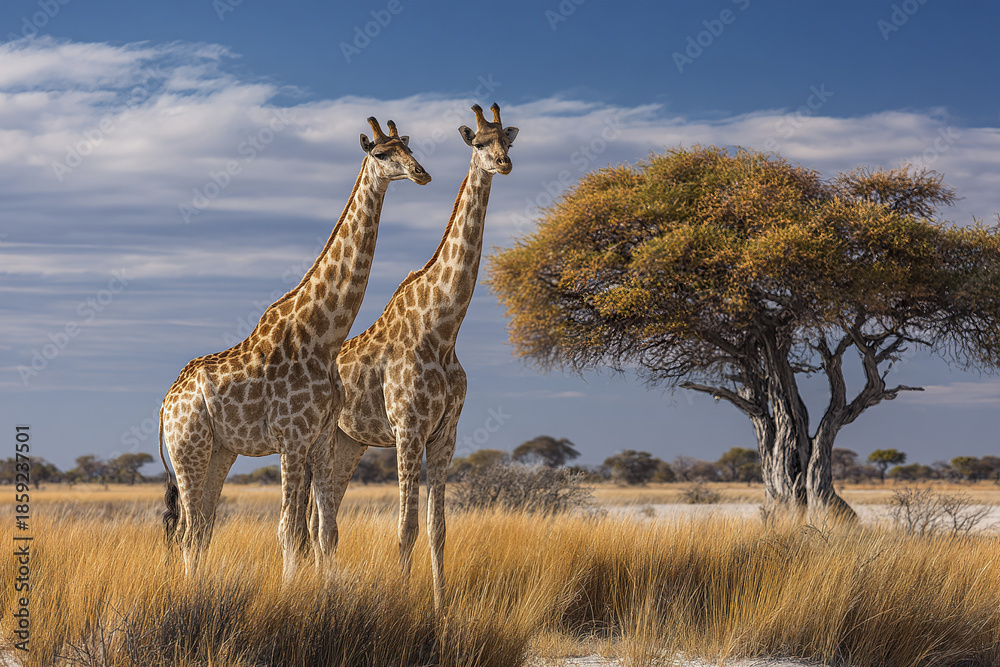 Fototapeta premium Two giraffes stand calmly in peaceful savanna with tall golden grass and large tree under blue sky with scattered clouds, creating serene natural wildlife scene