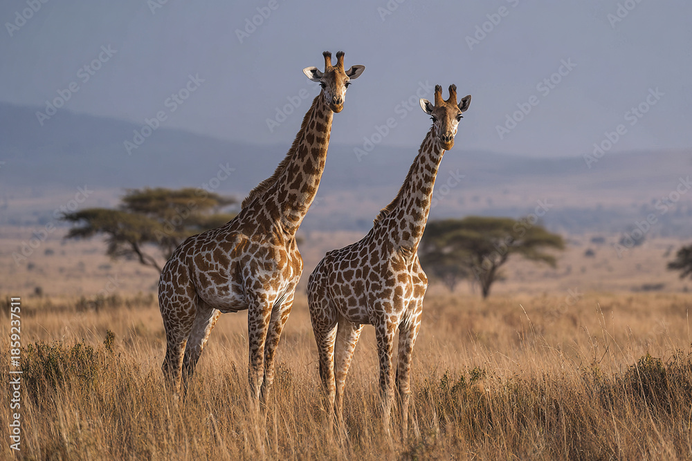 Obraz premium Two giraffes stand calmly in golden savanna grass with acacia trees and distant hills under clear sky, creating peaceful and natural wildlife scene