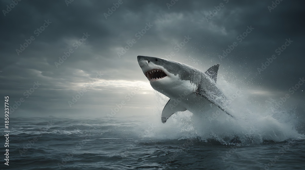 Fototapeta premium Dramatic view of a great white shark leaping from stormy ocean waves under a cloudy sky
