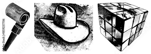 rolled paper tube, cowboy hat, cube, halftone style