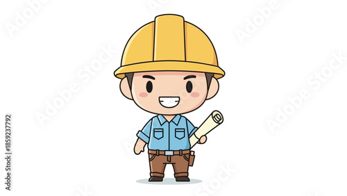 Cartoon Construction Worker with Blueprint and Hard Hat Smiling.
