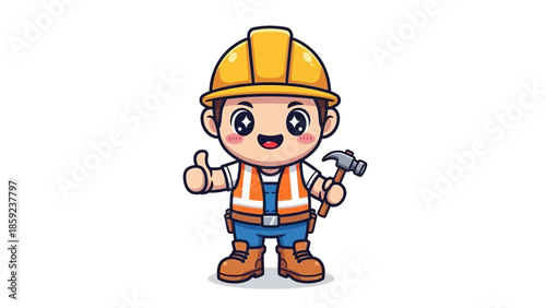 Cartoon Construction Worker with Hammer Giving Thumbs Up.