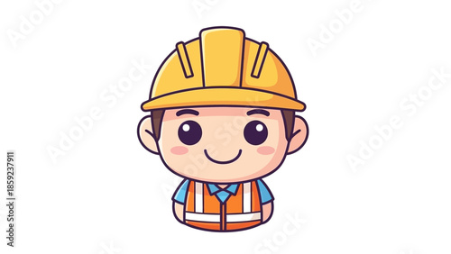 Cute Cartoon Construction Worker with Hard Hat and Safety Vest.