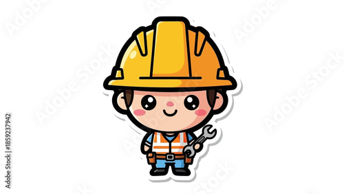 Cute Cartoon Construction Worker with Hard Hat and Wrench.