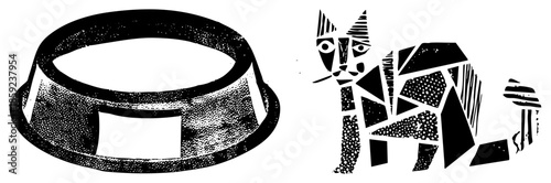 cat and food bowl geometric black and white vector