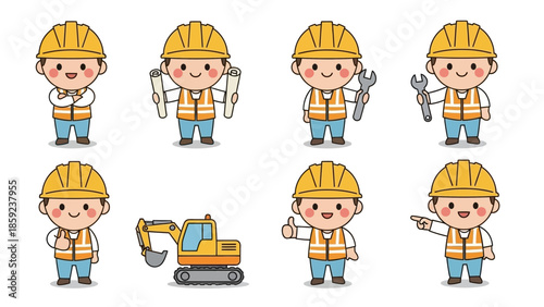 Cute Construction Worker Cartoon Characters with Tools and Excavator.
