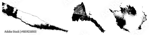 Three abstract landmass silhouettes in black and white