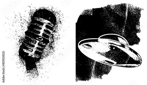 vintage microphone and flying saucer vector illustration