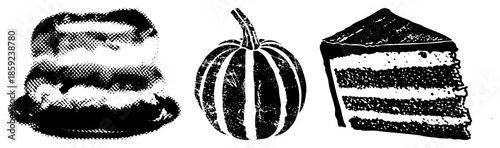 Three desserts and pumpkin in halftone style