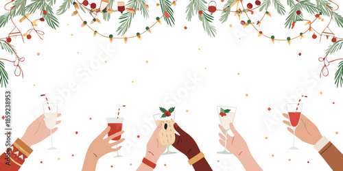 Festive celebration with hands raising glasses and christmas decorations overhead