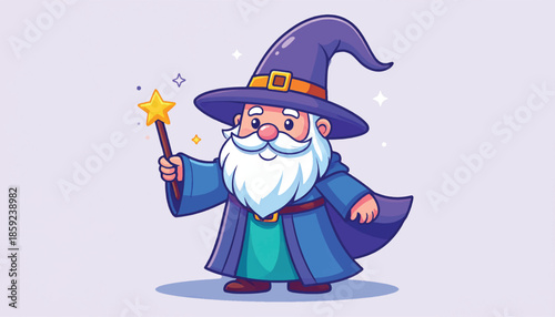 Cartoon Wizard with Magic Wand Casting a Spell.