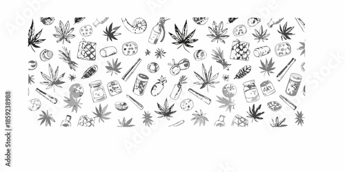 Hand drawn pattern featuring cannabis leaves edibles and related accessories