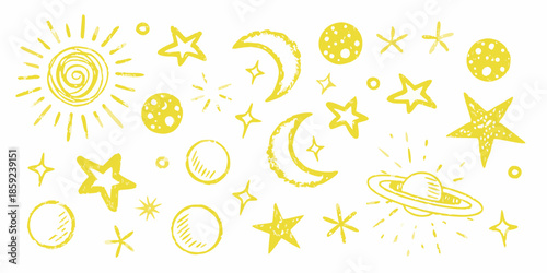 Hand drawn yellow celestial bodies sun moons stars and planets illustration