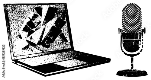 laptop screen shattering next to vintage microphone