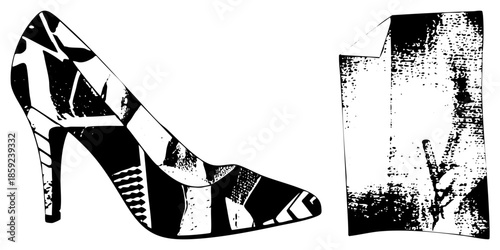 high heel shoe with abstract next to folded paper