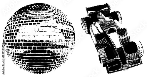disco ball and race car vector illustration