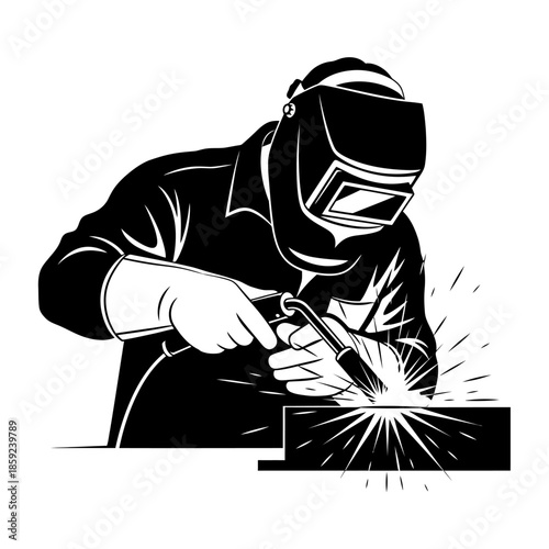 A skilled welder working with metal showcasing protective gear and sparks