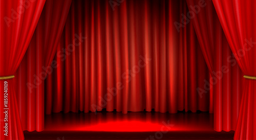 Theater stage with red curtains and spotlight in center. Vector realistic illustration of empty floor ready for concert, art show, performance or award ceremony, luxury textile drape decoration