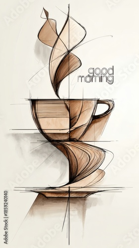 Coffee cup line art with rising steam good morning