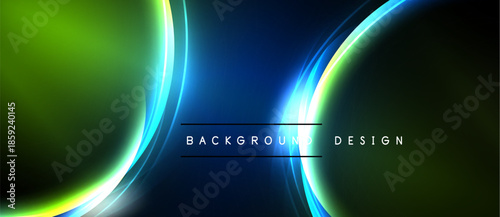 Abstract background features vibrant green, blue hues. Curved lines create dynamic light effects. Text reads background design.