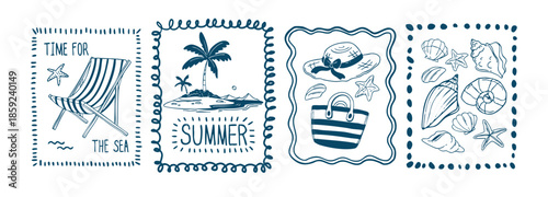 Summer beach sketch stamps set. Vector illustration of tropical island with palm tree, bag, hat, chaise lounge and seashells in blue wavy doodle frames, hand drawn vintage holiday postcard design