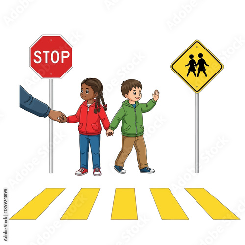 Children crossing the street with crossing guard near school zone signs