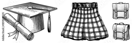graduation cap diploma plaid skirt school satchels
