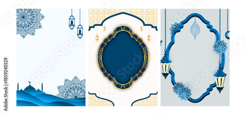 Elegant islamic ramadan eid greeting cards design collection with mosque and lantern