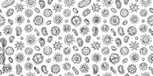 Intricate pattern of hand drawn microscopic organisms and cellular structures