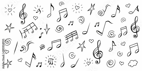 A whimsical collection of hand drawn musical notes symbols and decorative elements