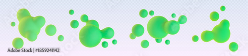 3D blob shapes with liquid gradient effect on white background - abstract green spheres and bubbles floating. Soft metaball molecular elements with fluid form for modern design and creative projects.