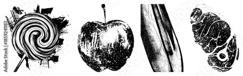 Four food items stylized in black and white vector art