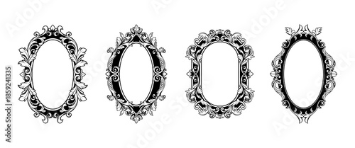 Ornate baroque flourish frame set with vintage oval border and decorative Victorian ornament. Elegant antique filigree design with intricate floral motifs for wedding invitations or mirror frames.