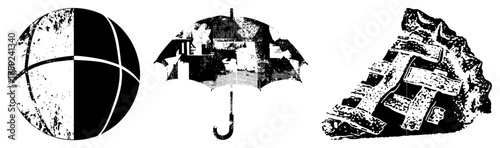 Three abstract vector globe, umbrella, rock