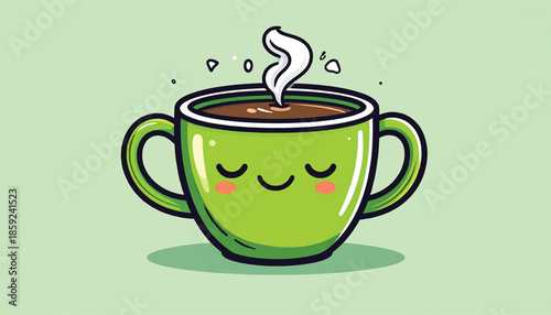 Cute Green Coffee Cup with Steam and Happy Face Illustration.